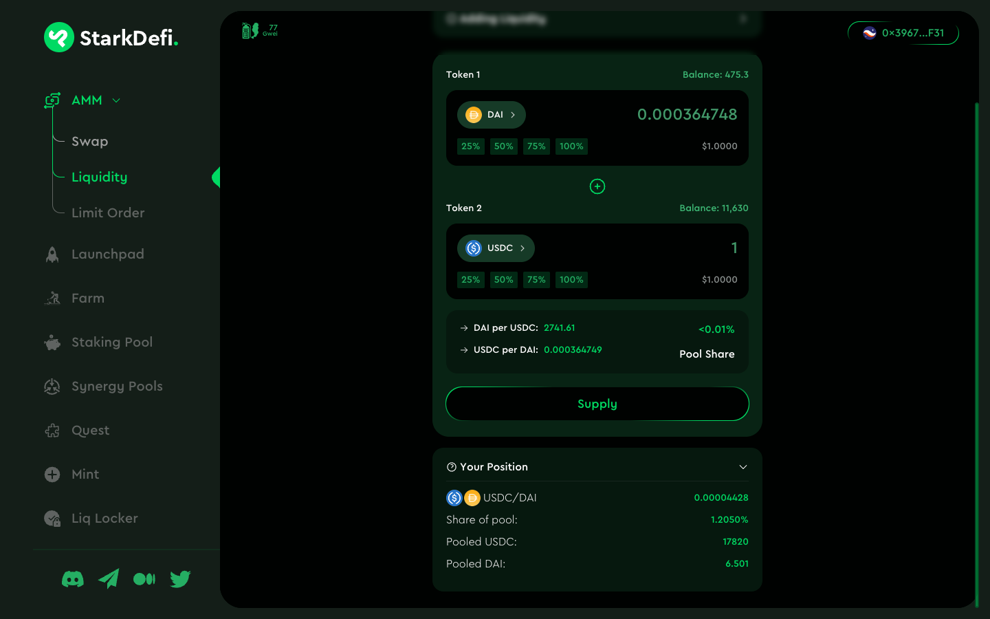 StarkDefi Add liquidity form